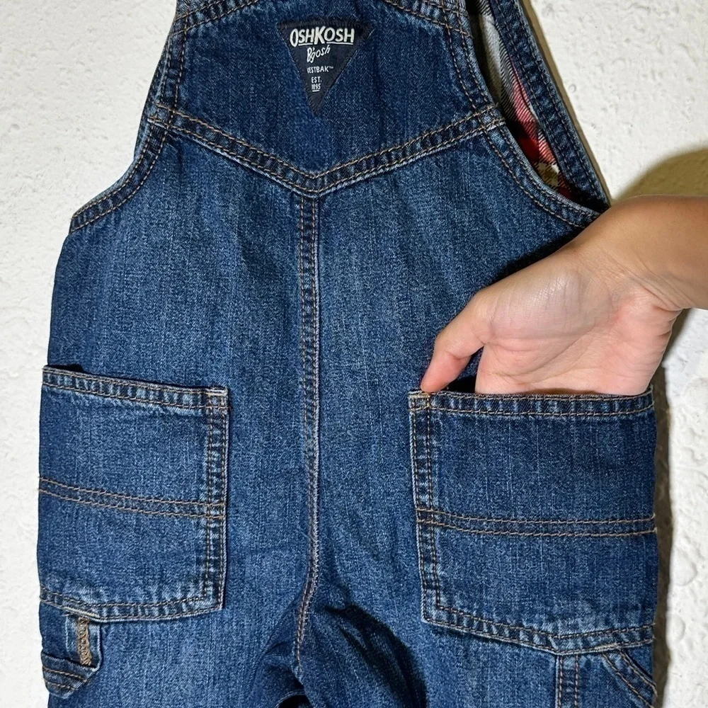 Oshkosh B’gosh Denim Patchwork Flannel Lined Overalls Size 18 Months Baby